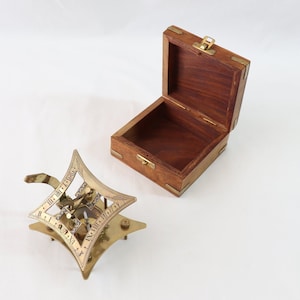 4-1/2 Antiqued Brass Sundial Compass with Wooden Box