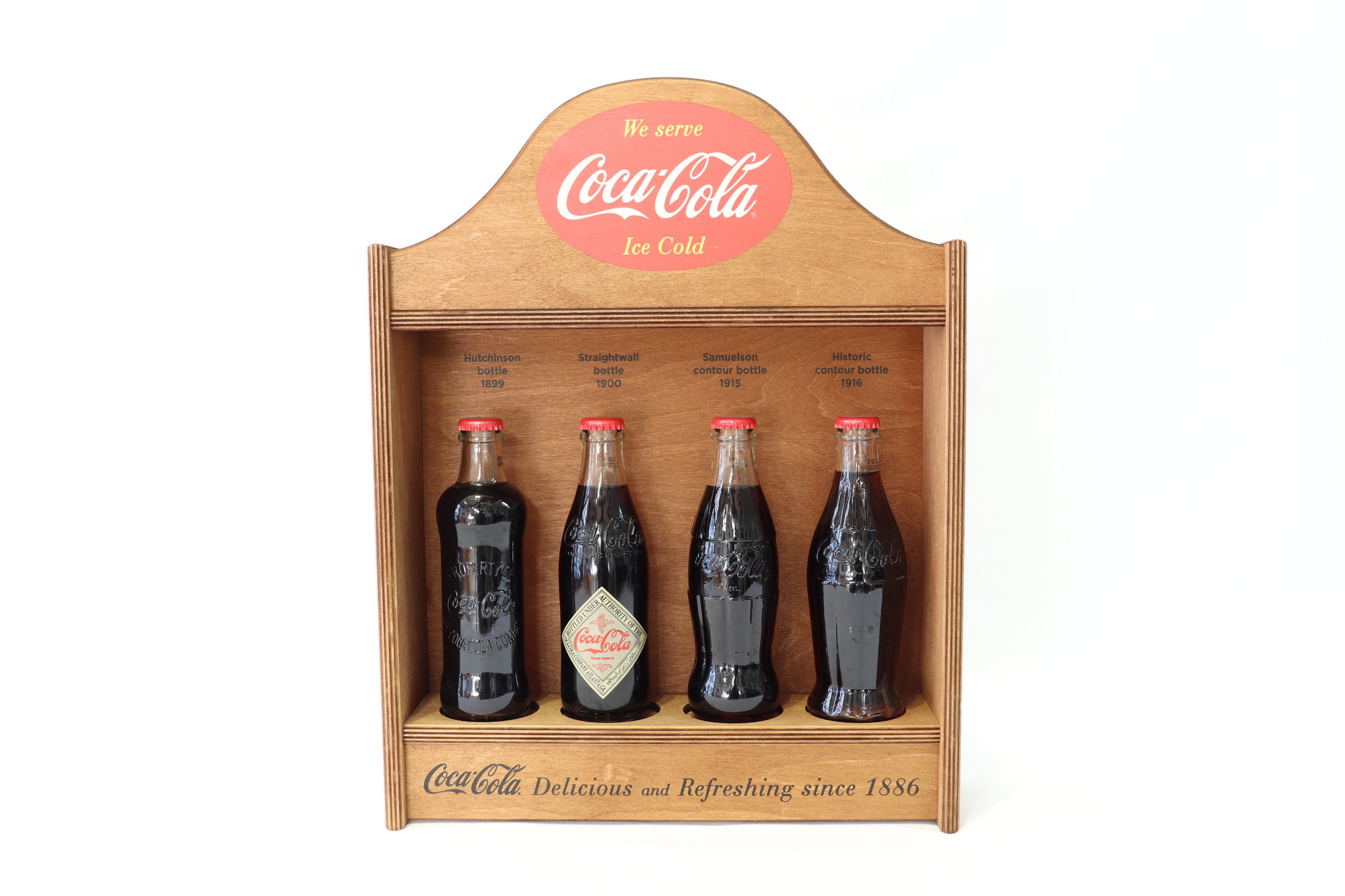 Vintage Coca Cola Bottles With Wooden Display Stand, Coca Cola