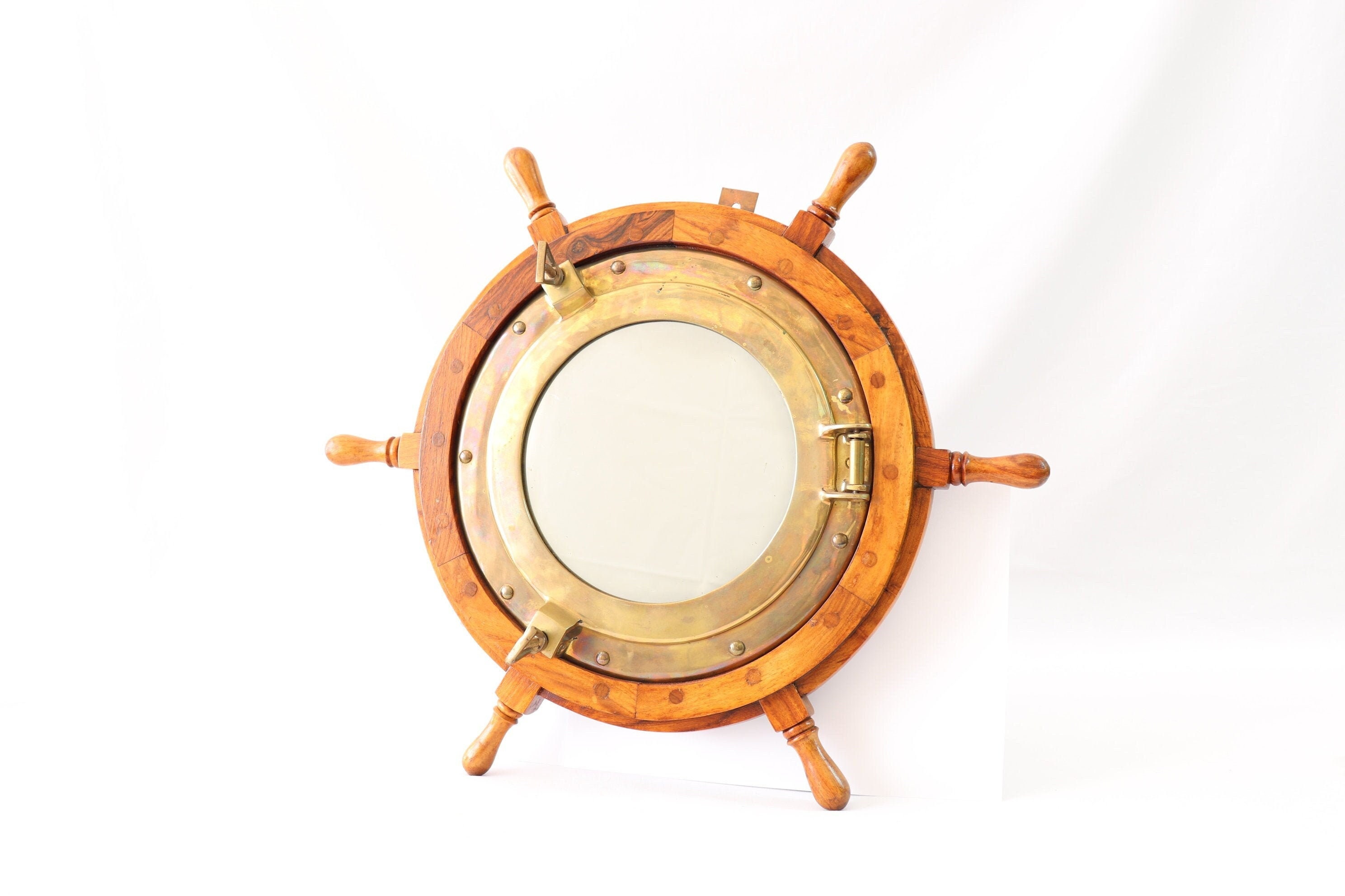 Ships Wheel Porthole Mirror, Wooden Wheel, Brass Nautical Wall Decor, Maritime Decor