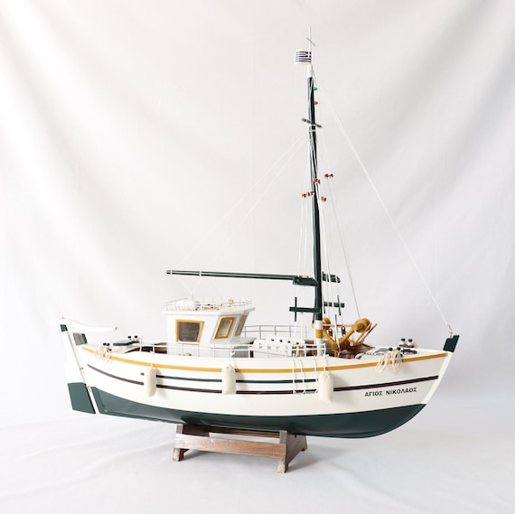 Unique Vintage Fishing Boat Model, Wooden Handmade Fishing Boat