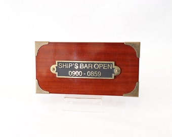 Vintage Nautical Sign, Wooden Nautical Sign, Bar Open Sign, Brass Sign, Engraved Sign, Vintage Wall Sign, Nautical Wall Decor, Nautical Gift