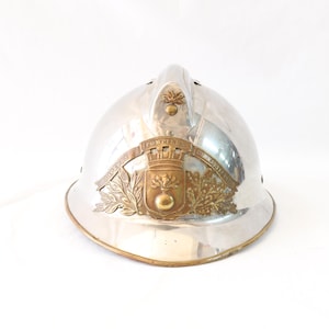 Elmetto antico da pompiere, elmetto da pompiere francese, Sapeurs Pompiers de Wittenheim, acciaio inox, ottone, pelle, regali per pompieri, cimeli