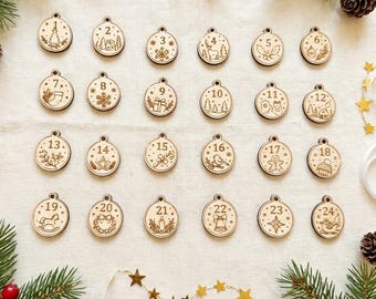 Adventskalender-Anhänger aus Holz (1-24), Weihnachtscountdown-Zahlen, gravierte Holzornamente, Bastelmaterial für Adventskalender, verschiedene Größen