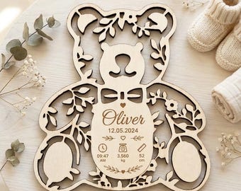Personalisierter Teddybär aus Holz, individuell gravierter Bär, Babygeschenk, Kinderzimmerdekoration, Geburtserinnerung, Geschenk zur Babyparty, Holzbär