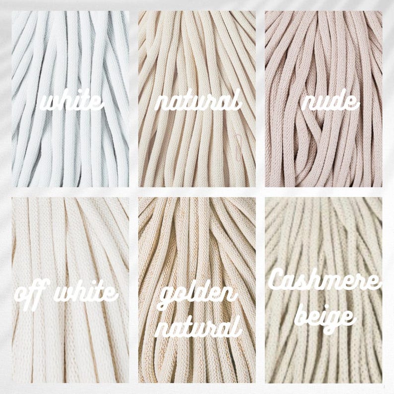 May include: Close-up of six different colored macrame cords. The colors include white, natural, nude, off white, golden natural, and cashmere beige. Each color is labeled with its name in a white, handwritten font.