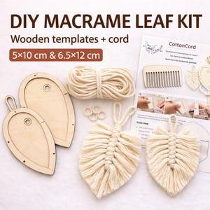 Kit de hojas de macramé DIY – Plantillas de madera de 5 x 10 cm y 6,5 x 12 cm, kit de manualidades de macramé con cordón e instrucciones, creador de hojas de macramé