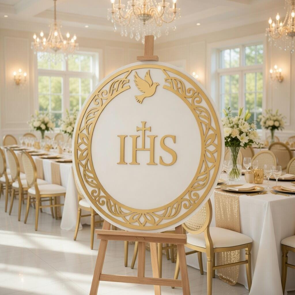 First Holy Communion Sign IHS 50 Cm | Round White and Gold Mirror ...