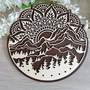 Mountain Mandala Macrame Base – Layered Plywood Wall Hanging Blank – Boho Forest Sunrise Design – DIY Craft Shape for Macrame Decor