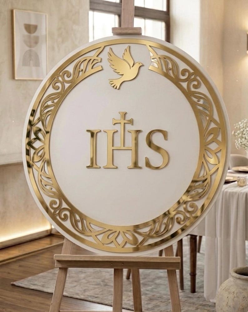 First Holy Communion Sign IHS 50 Cm | Round White and Gold Mirror ...
