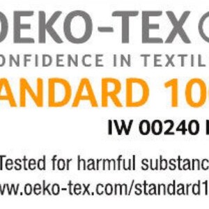 May include: White background with the text "OEKO-TEX&reg; CONFIDENCE IN TEXTILES STANDARD 100" in gray and orange. Below is "IW 00240 IW" and the text "Tested for harmful substances. www.oeko-tex.com/standard100".