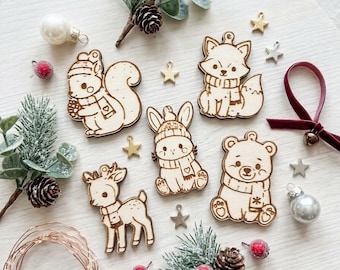 Waldtiere-Set, 5-teilig, Weihnachtsbastel-Dekorationen aus Holz, unfertige Holzausschnitte, Winterwaldtiere, DIY-Weihnachtsdekorationen