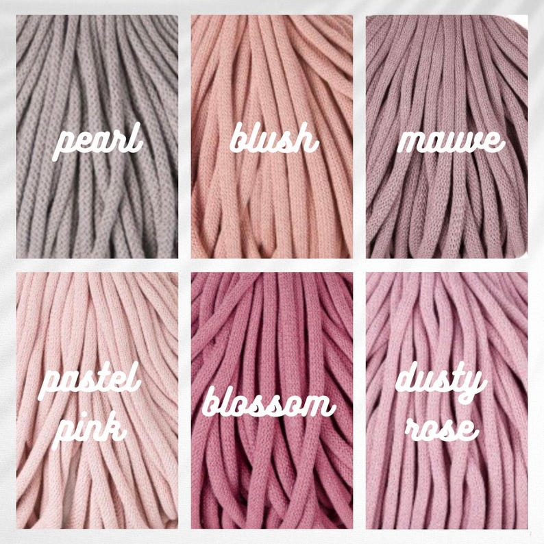 May include: A collection of six different colored macrame cords. The colors include pearl, blush, mauve, pastel pink, blossom, and dusty rose. Each color is labeled with a white cursive font.
