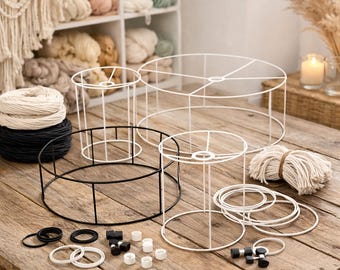 Marco de pantalla de metal grande de 30 cm de alto, base de lámpara blanca de 45 a 60 cm de diámetro, estructura de lámpara colgante de macramé de gran tamaño, pantalla de alambre redonda.