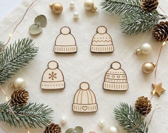 5er-Set Wintermützen aus Holz, Weihnachts-Holzausschnitte, unfertige Holzverzierungen, Bastelmaterial für kuschelige Mützen, DIY-Weihnachtsdekorationen