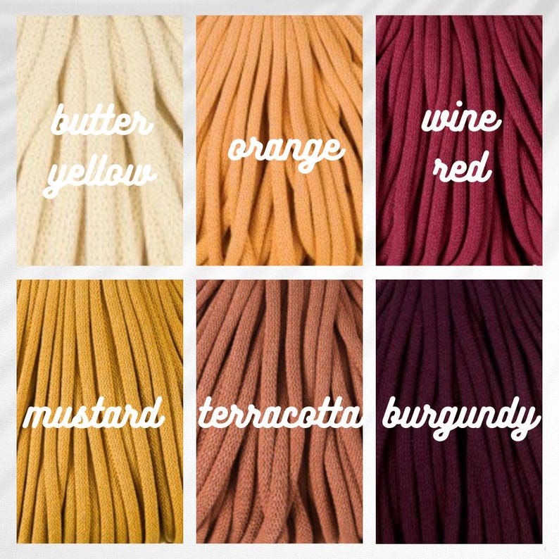 May include: A color palette featuring six different shades of fabric. The colors include butter yellow, orange, wine red, mustard, terracotta, and burgundy. Each color is labeled with its name in a cursive font.
