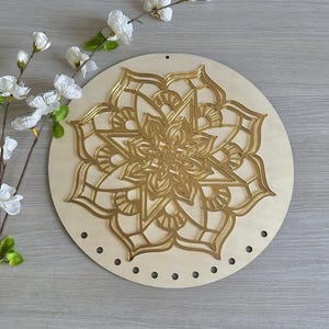 Macrame Base with Holes – 32 cm Round Wooden Board with Golden Mandala – Plywood Base for Wall Hanging, DIY Craft, Boho Decor