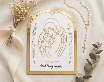 Cuadro decorativo Ángel Guardián de la Gracia / Bajo tu protección / Regalo de bautizo / Regalo de bautismo / Decoración de pared para habitación infantil / Cuadro decorativo blanco y dorado P2