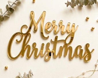 Goldenes „Frohe Weihnachten“-Schild, Weihnachtswanddekoration aus Acrylspiegel