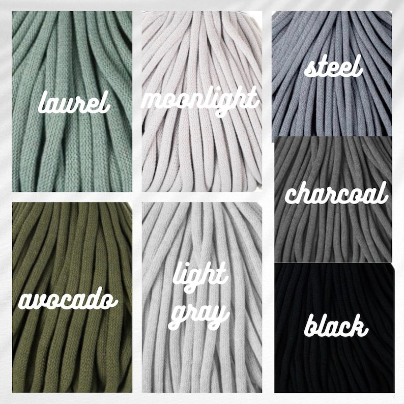 May include: Close-up of six different colored macrame cords. Colors include laurel, moonlight, steel, charcoal, avocado, light gray, and black. Each color is labeled with a white cursive font. The cords are tightly packed together.