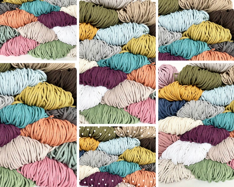 May include: A collection of colorful macrame cord in various shades, including pink, green, yellow, blue, and purple. The cords are arranged in a visually appealing pattern, showcasing the diverse color palette and textures of the materials.