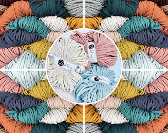 May include: A selection of cotton rope colours, including white, light blue, pink, mustard yellow, teal, dark blue and orange. The rope is arranged in a circular pattern with the brand name "Bobbiny" visible on the labels.