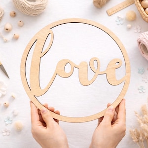 Letrero de amor de madera – Decoración de pared redonda – Madera contrachapada cortada a láser de 4 mm – Base de macramé DIY – 30/40/50 cm – Decoración de boda – Letrero de pared bohemio