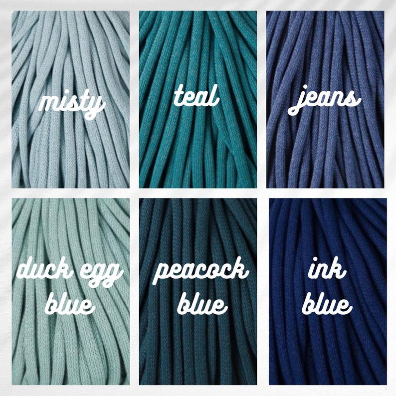 May include: Close-up of six bundles of thick, soft, colored yarn. Colors include misty, teal, jeans, duck egg blue, peacock blue, and ink blue. Each bundle has a handwritten label with the color name.