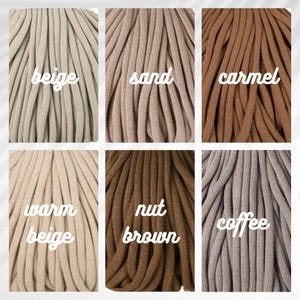 May include: A collage of six close-up images showcasing different shades of thick, soft rope. Colors include beige, sand, caramel, warm beige, nut brown, and coffee. Each image has a label with the color name in a handwritten font.