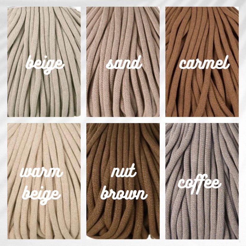 May include: A collage of six close-up images showcasing different shades of thick, soft rope. Colors include beige, sand, caramel, warm beige, nut brown, and coffee. Each image has a label with the color name in a handwritten font.