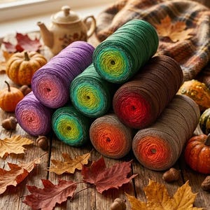 Peut inclure: Une collection de bobines de fil cylindriques aux couleurs dégradées variées, notamment violet, vert, marron et orange, empilées. Le fil présente des fibres lisses et étroitement enroulées avec des transitions de couleurs vives du centre vers l'extérieur.