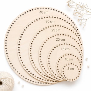 Virkad träkorgbotten 8–40 cm | 4 mm plywoodkorgbotten | Hål 5, 8 eller 10 mm | Rund träbotten för virkning | Välj din storlek