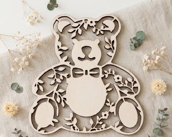 Holz-Teddybär-Ausschnitt mit Blumenmuster, lasergeschnittener Bastelrohling, Kinderzimmerdeko
