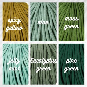 May include: A color palette of six different shades of thick, braided cord. The colors include spicy yellow, aloe, moss green, jelly mint, eucalyptus green, and pine green. Each color has a white label with its name.