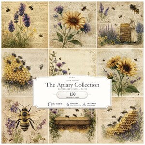 Può includere: Una collezione di carta digitale intitolata The Apiary Collection con 150 pagine stampabili. I design includono illustrazioni in stile vintage di api, girasoli, lavanda e favi su uno sfondo di scrittura a mano invecchiata.