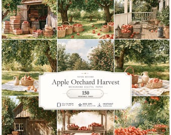 Apple Orchard Digital Paper, 150 Printable Background Scenes, Junk Journal Paper