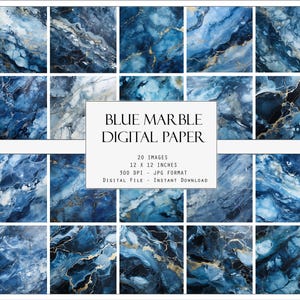 May include: A set of 20 digital paper designs featuring blue and gold marble patterns. Each design is 12 inches by 12 inches and 300 DPI. The digital files are in JPG format and are available for instant download.