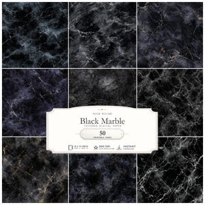 Puede incluir: Una colección de cincuenta hojas de papel digital con texturas de mármol negro con vetas blancas y doradas. La etiqueta central muestra el texto Koven Designs, Black Marble, Textured Digital Paper, 50, Printable Pages, 30,48 x 30,48 cm, 300 DPI e Instant Download.