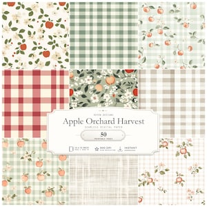May include: A collection of digital paper patterns featuring apple orchard themes, including red and green apples, white blossoms, and gingham checks. The central label reads: Koven Designs, Apple Orchard Harvest, 50 Seamless Digital Paper, 12 x 12 inch, 300 DPI, Instant Download.