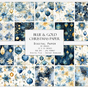 May include: A digital paper pack with 20 blue and gold Christmas patterns. The patterns feature ornaments, poinsettias, snowflakes, and stars. The patterns are 12 inches by 12 inches and 300 DPI.