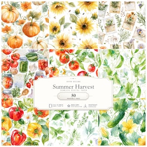 May include: A digital paper collection titled Summer Harvest featuring watercolor illustrations of pumpkins, sunflowers, seed packets, tomatoes, jars of produce, peas, peppers, and herbs. The text reads Koven Designs Summer Harvest 50 Printable Pages.