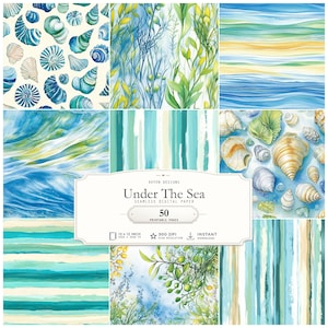 May include: A collection of 50 seamless digital papers titled Under The Sea by Koven Designs. The set features watercolor patterns of seashells, aquatic plants, ocean waves, and vertical stripes in shades of blue, green, and yellow.