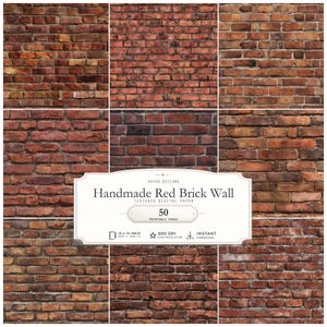 May include: A collection of nine red brick wall textures presented as digital paper. The central label reads: KOVEN DESIGNS Handmade Red Brick Wall TEXTURED DIGITAL PAPER 50 PRINTABLE PAGES 12 x 12 INCH 300 DPI INSTANT DOWNLOAD.