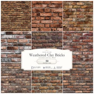 May include: A digital paper collection featuring 50 printable pages of weathered clay bricks in various shades of red, brown, and gray. The central label displays the text Koven Designs, Weathered Clay Bricks, Textured Digital Paper, 50, 12 x 12 inch, 300 DPI, and Instant Download.