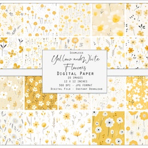 May include: A digital paper pack with 20 seamless patterns featuring yellow and white flowers. The patterns are 12 inches by 12 inches and 300 DPI. The text "Seamless Yellow and White Flowers Digital Paper" is in the centre of the image.