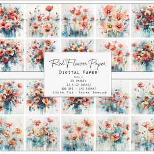 Papier numérique Fleurs rouges / Papier imprimable aquarelle / Scrapbooking / Journalisation / Fabrication de cartes, etc.