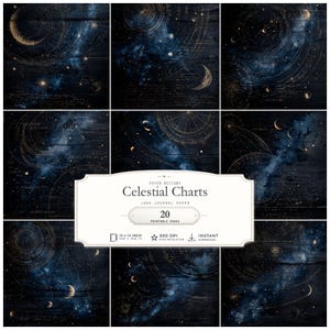 May include: A collection of 20 printable junk journal pages titled Celestial Charts by Koven Designs. Each page features dark blue cosmic backgrounds with gold celestial maps, moon phases, stars, and handwritten script on a wood grain texture.
