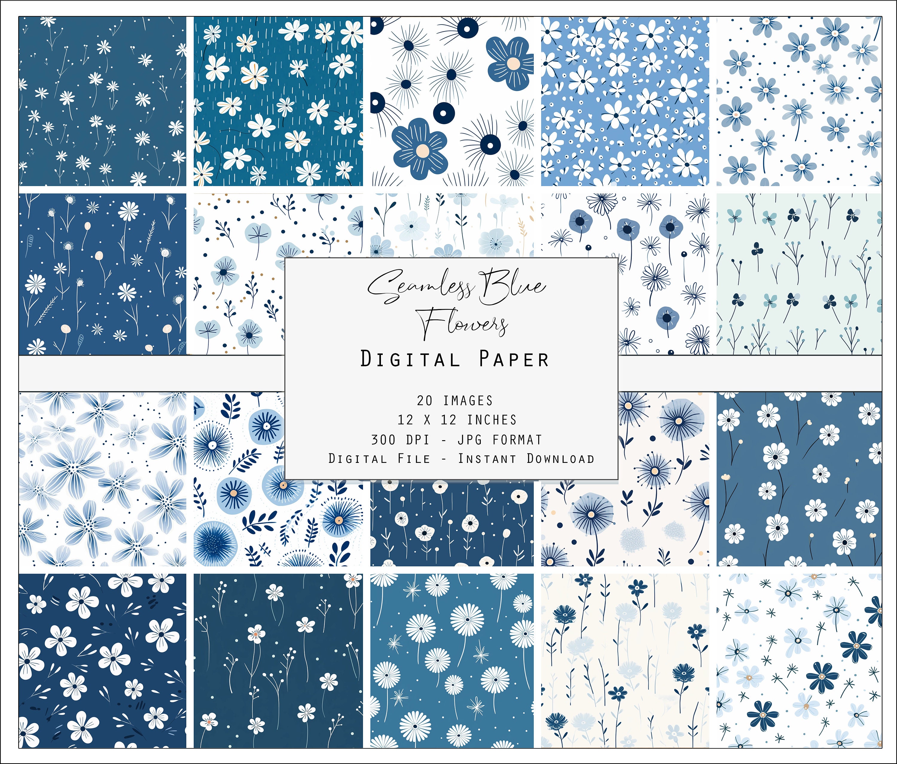 Digital Download Seamless Blue Floral Paper / Journal Paper ...