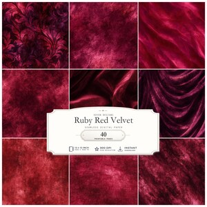 May include: A collection of digital paper backgrounds featuring ruby red velvet textures, damask patterns, and draped fabric designs. The central label reads KOVEN DESIGNS Ruby Red Velvet SEAMLESS DIGITAL PAPER 40 PRINTABLE PAGES 12 x 12 INCH 300 DPI INSTANT DOWNLOAD.