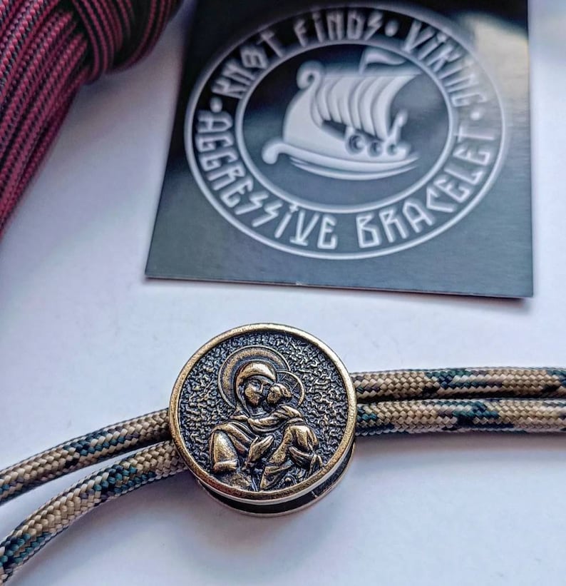 Brass Virgin Mary Bead: Round Religious Paracord Bracelet Bead image 2