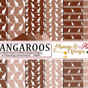 Papiers numériques kangourous marron et blanc, fichiers JPEG haute qualité 12 x 12 po, kangourou, marsupial, Joey, faune, animal, silhouette à pois